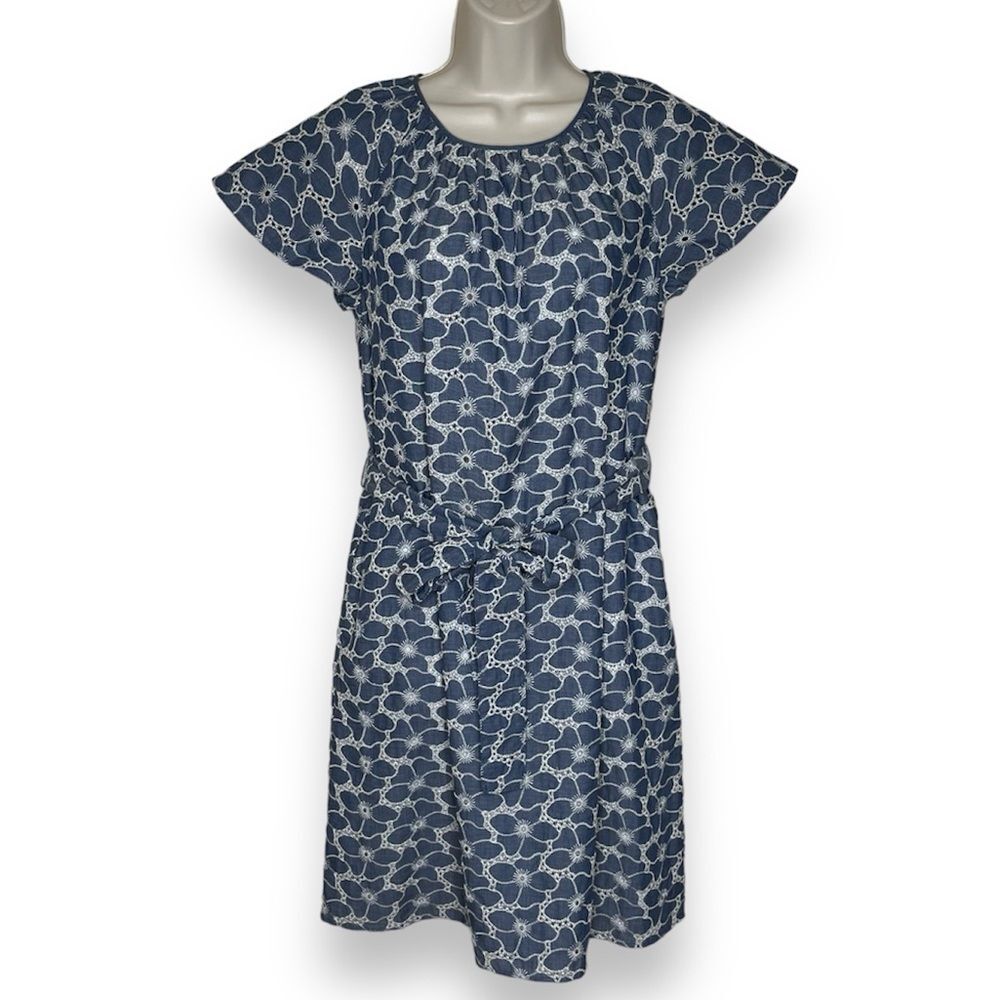 Draper James Embroidered Chambray Blue Tie Waist Popover Dress Women Size Small